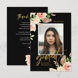 2022 Pink Rose Floral Greenery Elegant Photo Grad Thank You Card