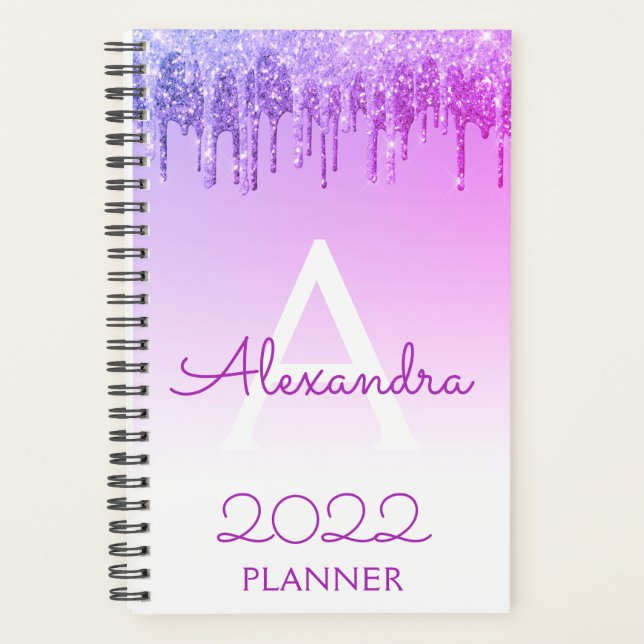 2022 Purple Glitter Sparkle Monogram Planner (Front)