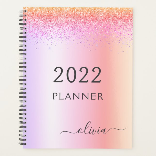 2022 Rainbow Pastel Glitter Girly Monogram Planner (Front)