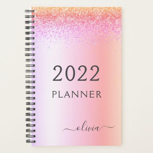 2022 Rainbow Pastel Glitter Girly Monogram Planner (Front)