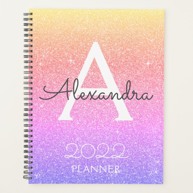 2022 Rainbow Pastel Glitter Sparkle Monogram Planner (Front)