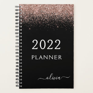 2022 Rose Gold Blush Pink Black Glitter Monogram Planner