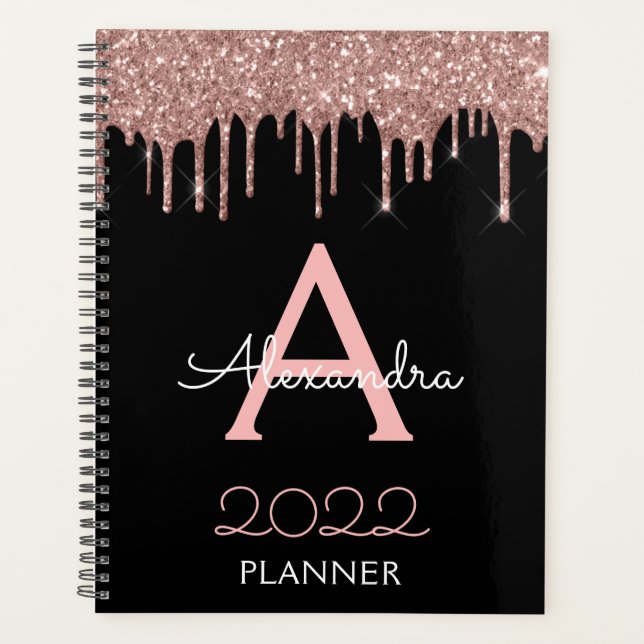 2022 Rose Gold - Blush Pink Black Glitter Monogram Planner (Front)