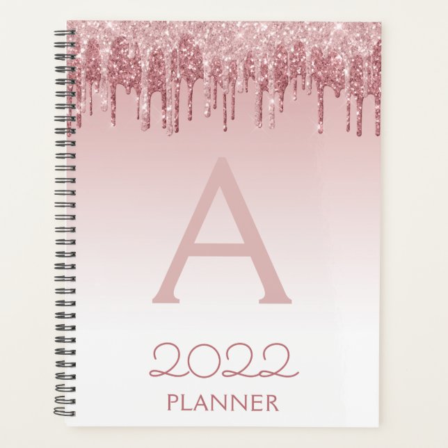 2022 Rose Gold Blush Pink Glitter Sparkle Monogram Planner (Front)