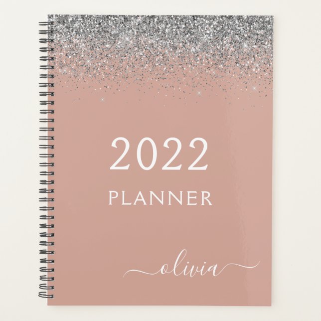 2022 Rose Gold Blush Pink Silver Glitter Monogram Planner (Front)