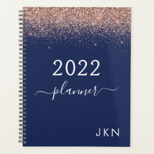 2022 Rose Gold Pink Navy Blue Glitter Monogram Planner