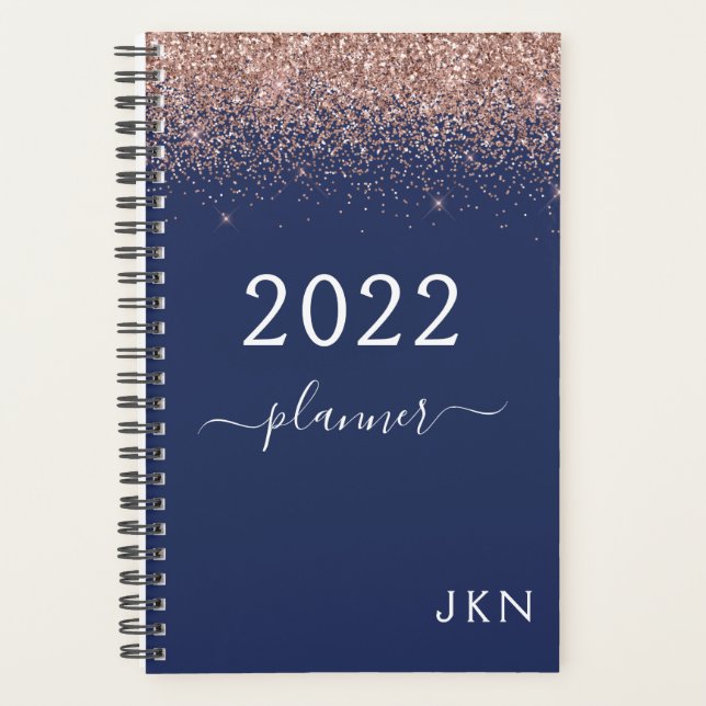 2022 Rose Gold Pink Navy Blue Glitter Monogram Planner (Front)
