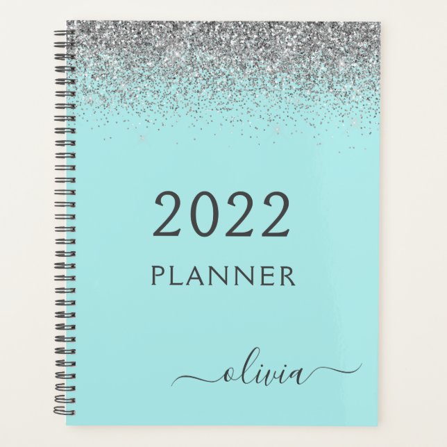 2022 Silver Aqua Blue Teal Glitter Monogram Planner (Front)