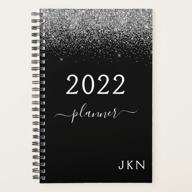2022 Silver Black Glitter Monogram Glam Planner (Front)