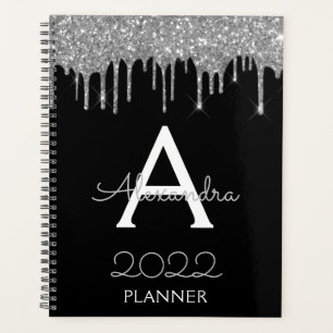 2022 Silver Black Glitter Monogram Modern Planner