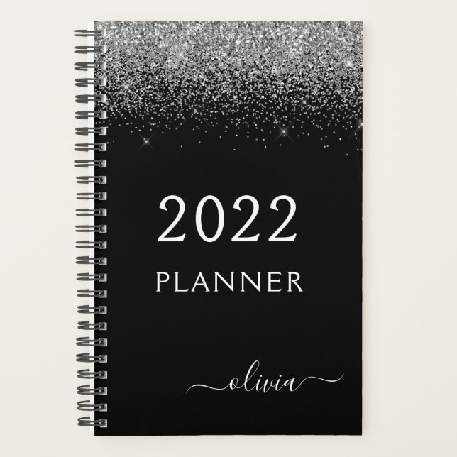 2022 Silver Black Glitter Sparkle Glam Monogram Planner (Front)