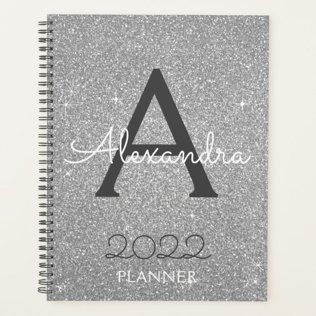 2022 Silver Glitter Sparkle Monogram Planner (Front)