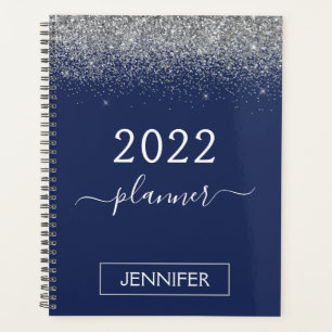 2022 Silver Navy Blue Glitter Monogram Girly Planner