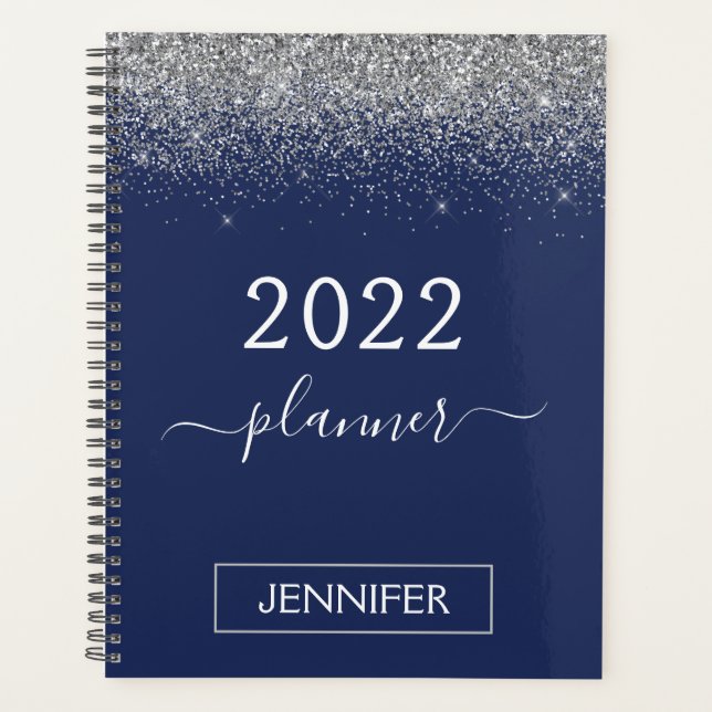 2022 Silver Navy Blue Glitter Monogram Girly Planner (Front)