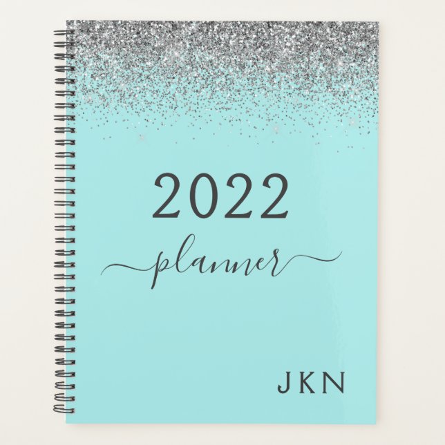 2022 Silver Teal Aqua Blue Girly Glitter Monogram Planner (Front)