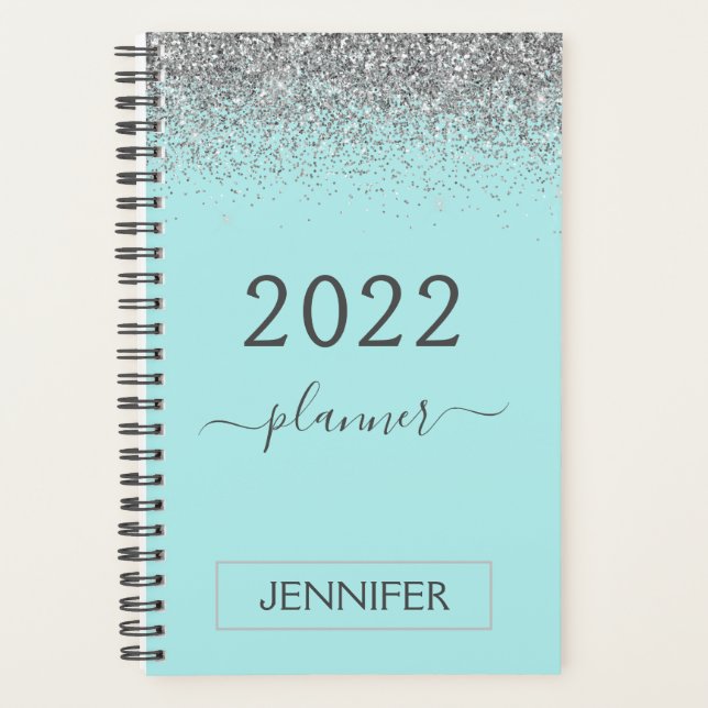 2022 Silver Teal Aqua Blue Glitter Monogram Girly Planner (Front)