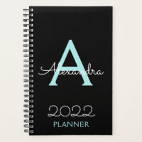 2022 Teal Aqua Blue Black Monogram Elegant