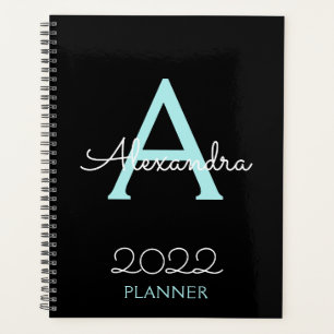 2022 Teal Aqua Blue Black Monogram Elegant Planner