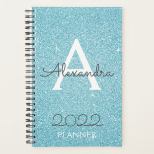 2022 Teal Aqua Blue Glitter Sparkle Monogram Planner