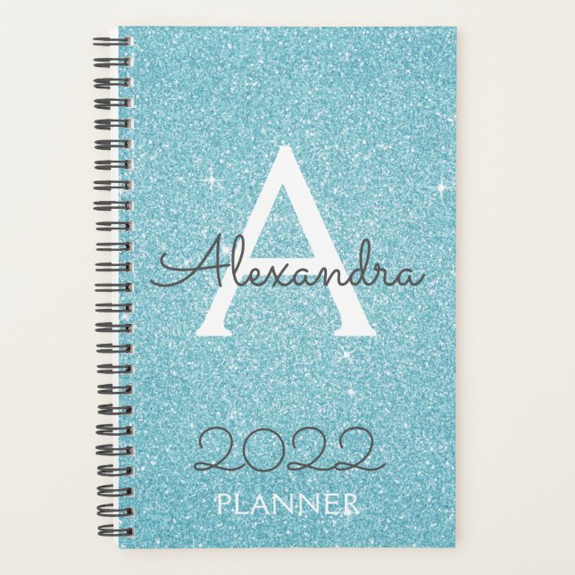 2022 Teal Aqua Blue Glitter Sparkle Monogram Planner (Front)