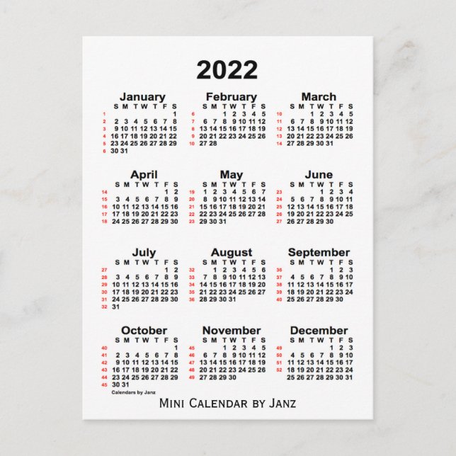 2022 White 52 Week Calendar by Janz Postcard (Front)