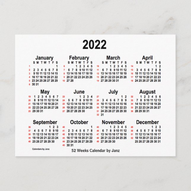 2022 White 52 Weeks Calendar by Janz Postcard (Front)