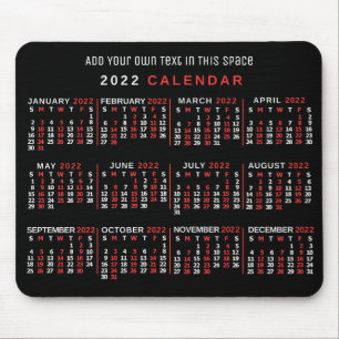 2022 Year Monthly Calendar Custom Black Red White Mouse Pad