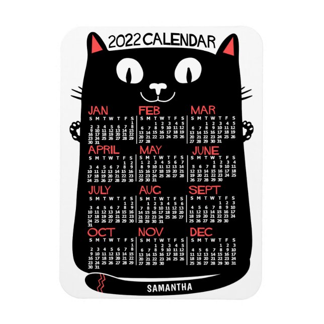 2022 Year Monthly Calendar Mid-Century Black Cat Magnet (Vertical)