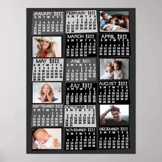 2022 Year Monthly Calendar Photo Collage Mod Black Poster (Front)