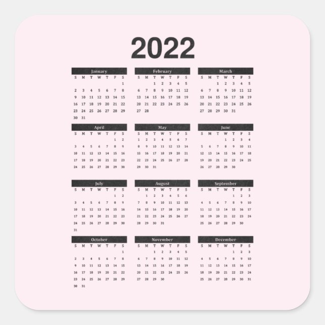 2022 Yearly Calendar on Pale Pink Square Sticker (Front)