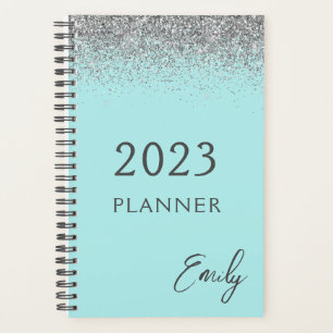2023 Aqua Blue Teal Silver Glitter Monogram Planner