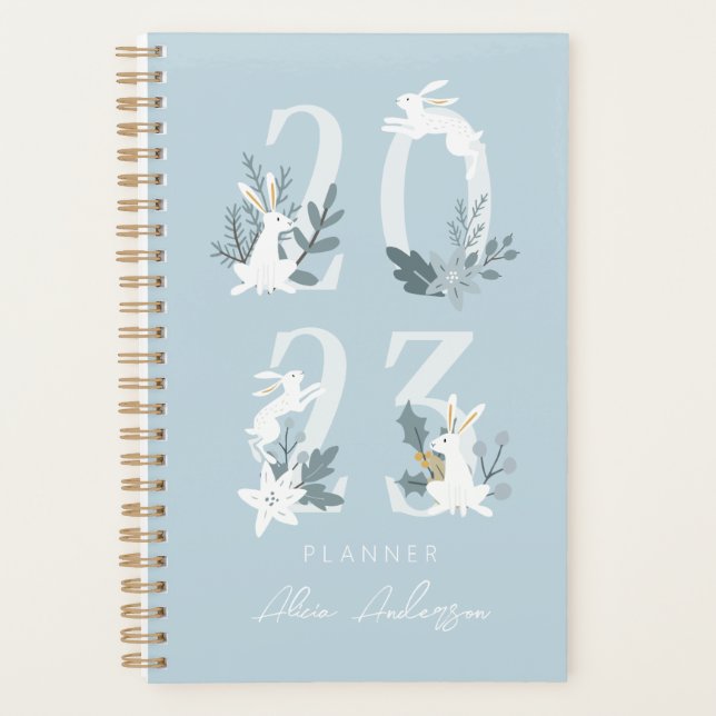 2023 Blue Winter Floral & Foliage Bunny Planner (Front)