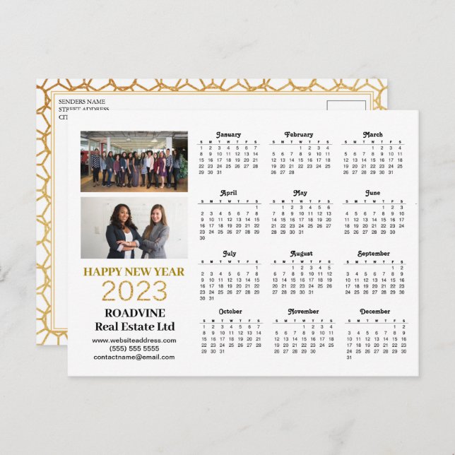 2023 Business Photo Modern Gold Script Calendar Postcard (Front/Back)