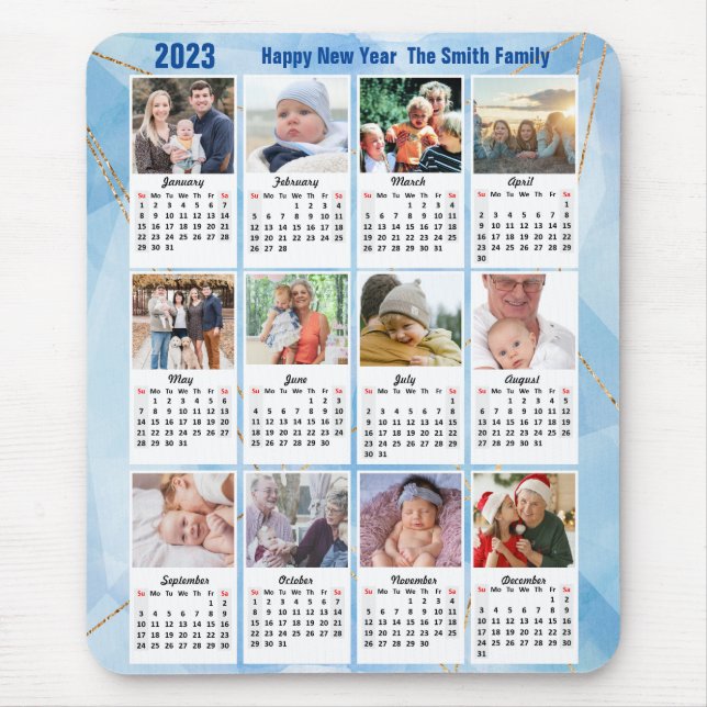 2023 Calendar 12 Family Photo Modern Blue Simple Mouse Pad (Front)