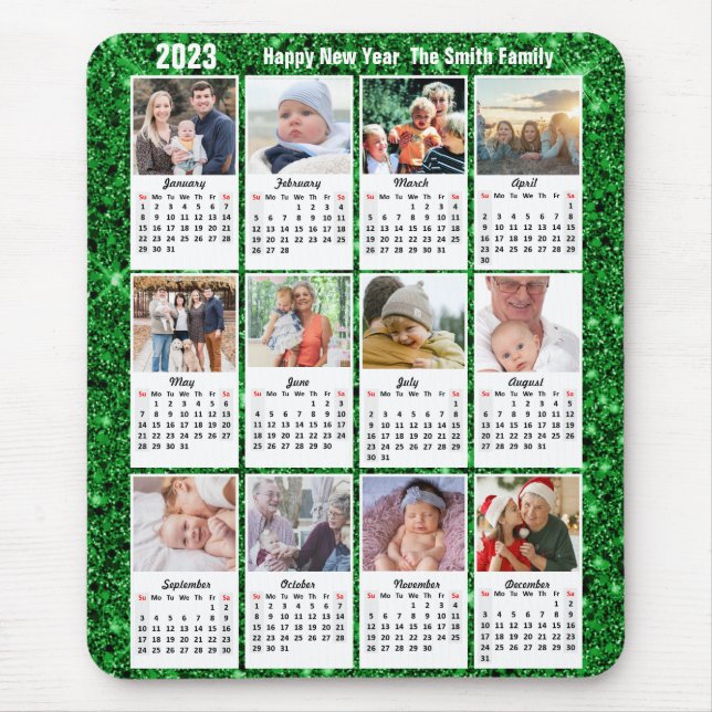 2023 Calendar 12 Family Photo Modern Green Glitter Mouse Pad (Front)