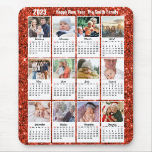 2023 Calendar 12 Family Photo Modern Red Glitter Mouse Pad