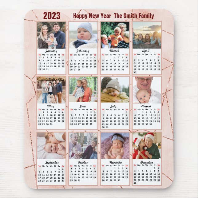 2023 Calendar 12 Family Photo Modern Rose Gold Mouse Pad (Front)