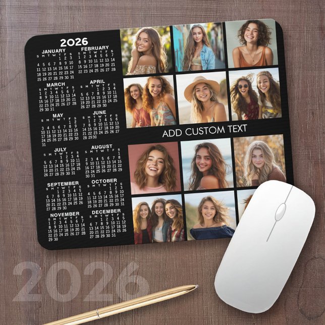 2023 Calendar - 12 photo collage - black Mouse Pad (2026 Calendar with a Photo Collage on a Mousepad)
