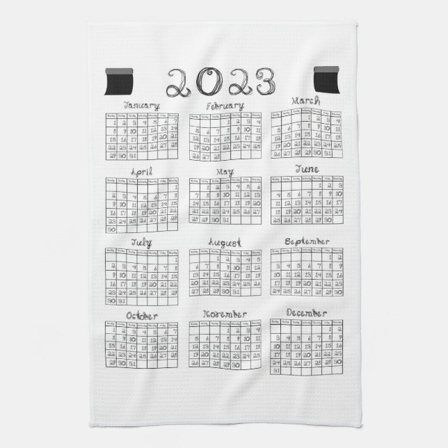 2023 Calendar Black Fabric Font Line Art Sewing Tea Towel (Vertical)