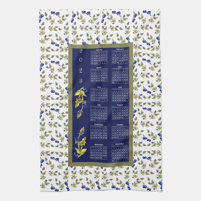 2023 Calendar Blueberries Stemmed Leaves Border Tea Towel (Vertical)