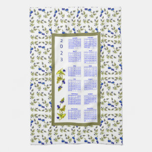 2023 Calendar Blueberries Stemmed Leaves, white Tea Towel