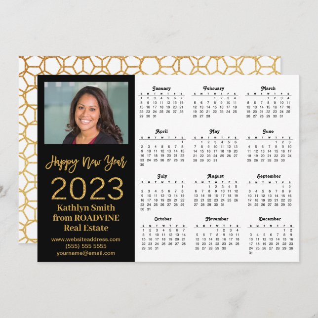 2023 Calendar Business Modern Gold Script Photo Holiday Card (Front/Back)