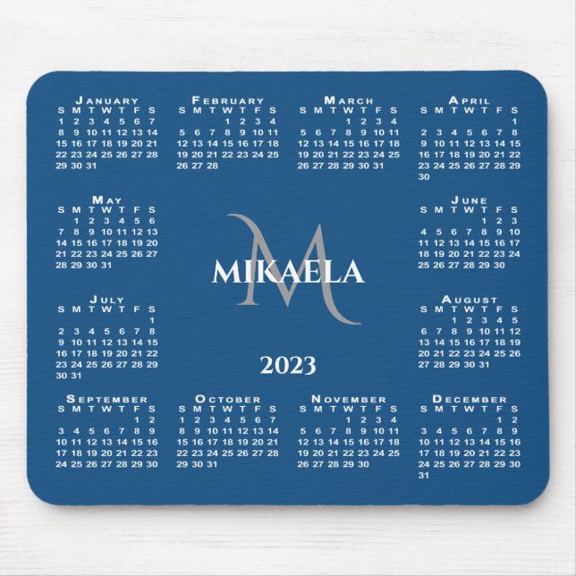 2023 Calendar Chic Monogram Name on Blue Mouse Pad (Front)
