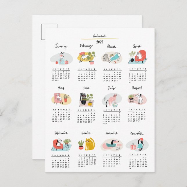 2023 Calendar Cute Cartoon Cats and Dogs Postcard (Front/Back)