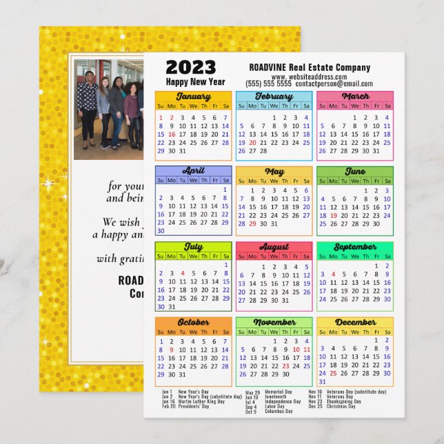 2023 Calendar Gold Glitter Modern Corporate Photo Holiday Card (Front/Back)