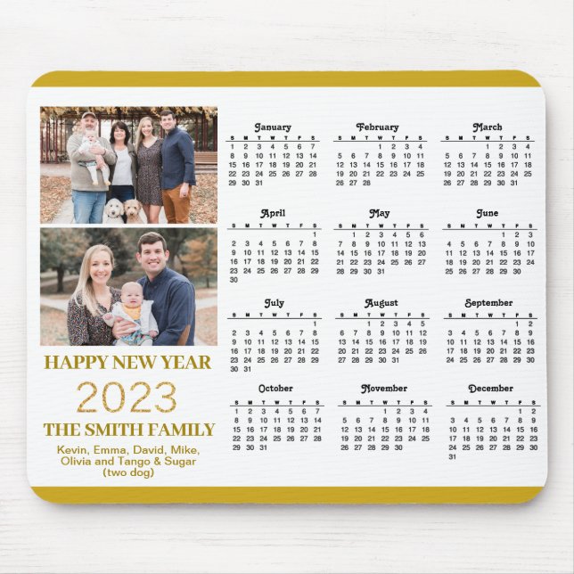 2023 Calendar Gold Script Simple Family Photo Mous Mouse Pad (Front)