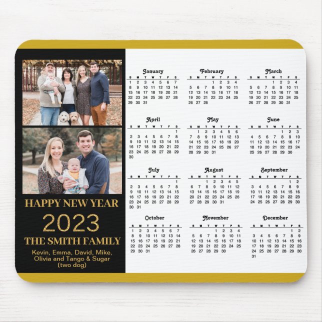 2023 Calendar Gold Script Simple Family Photo Mouse Pad (Front)