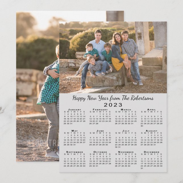 2023 Calendar Grey 2 Custom Photos Happy New Year Holiday Card (Front/Back)