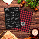 2023 Calendar Logo QR Code Red Black Buffalo Check Holiday Card<br><div class="desc">Wish your customers a Happy New Year with a custom holiday card featuring your business logo, greeting, and company name over a white 2023 calendar on a black background on the front. The back features a customisable QR code on a red and black buffalo check pattern. Replace the sample logo,...</div>
