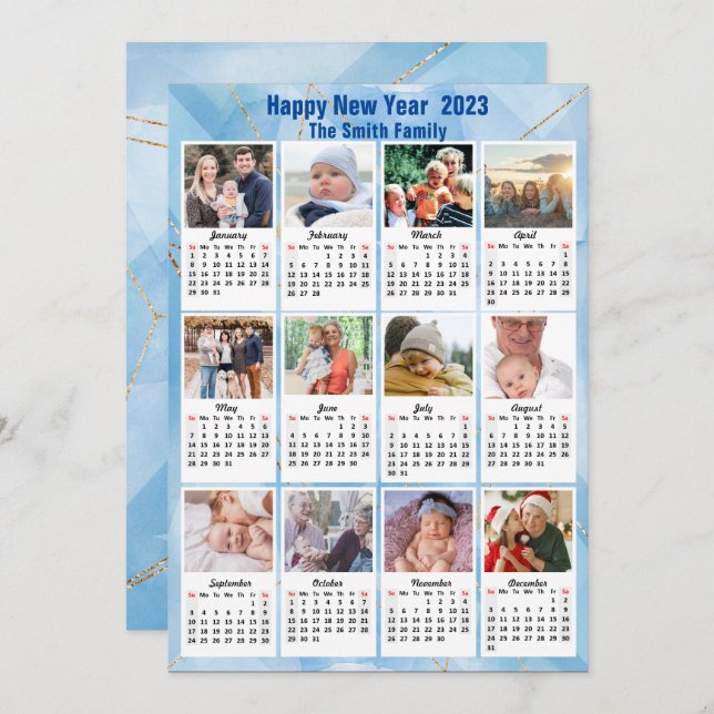 2023 Calendar Modern Family 12 Photo Blue Gold Holiday Card (Front/Back)